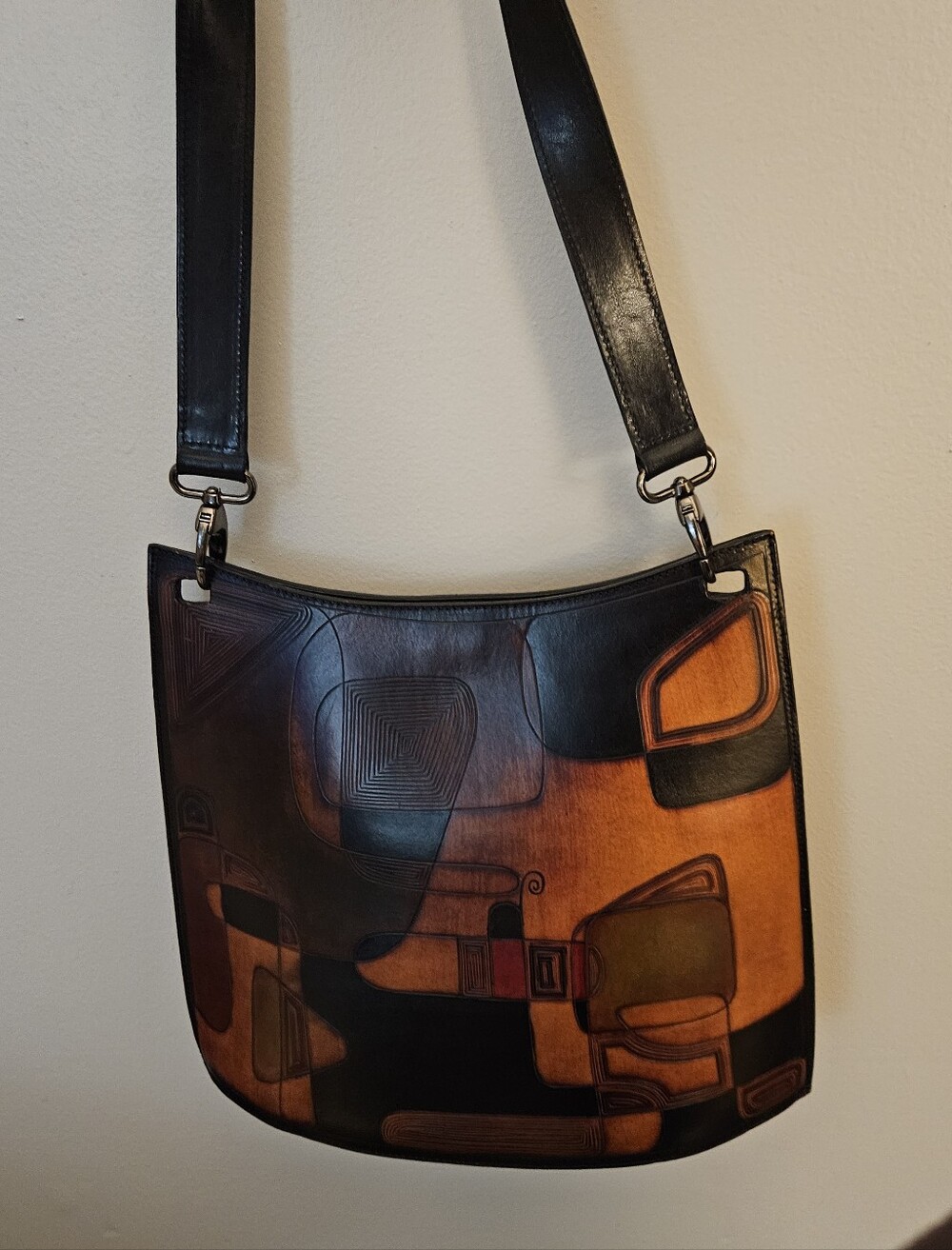 Artisan Abstract Leather Shoulder Bag in Brown and Black